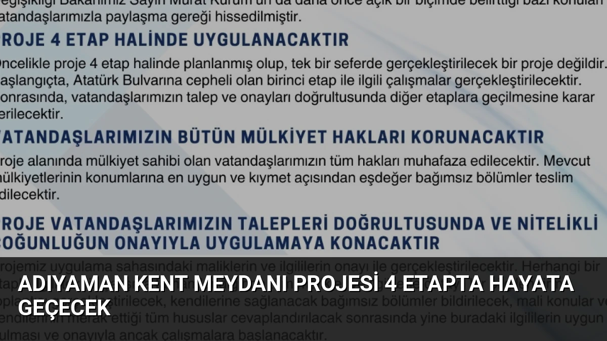 Adıyaman Kent Meydanı Projesi 4 Etapta Hayata Geçecek